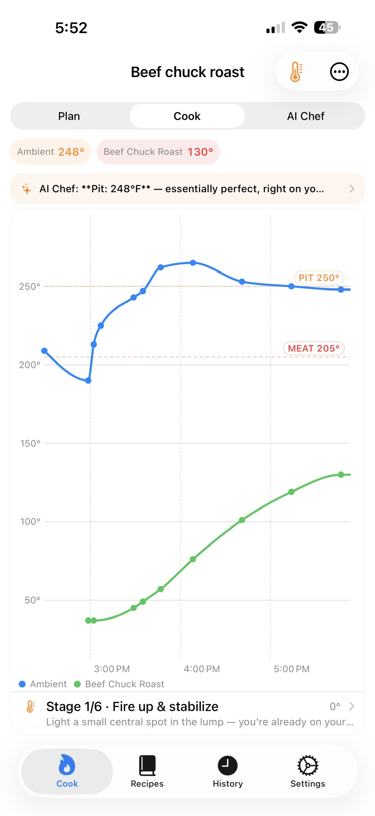 GrillPilot live cook tracking — pit and meat temperature chart with AI Chef coaching